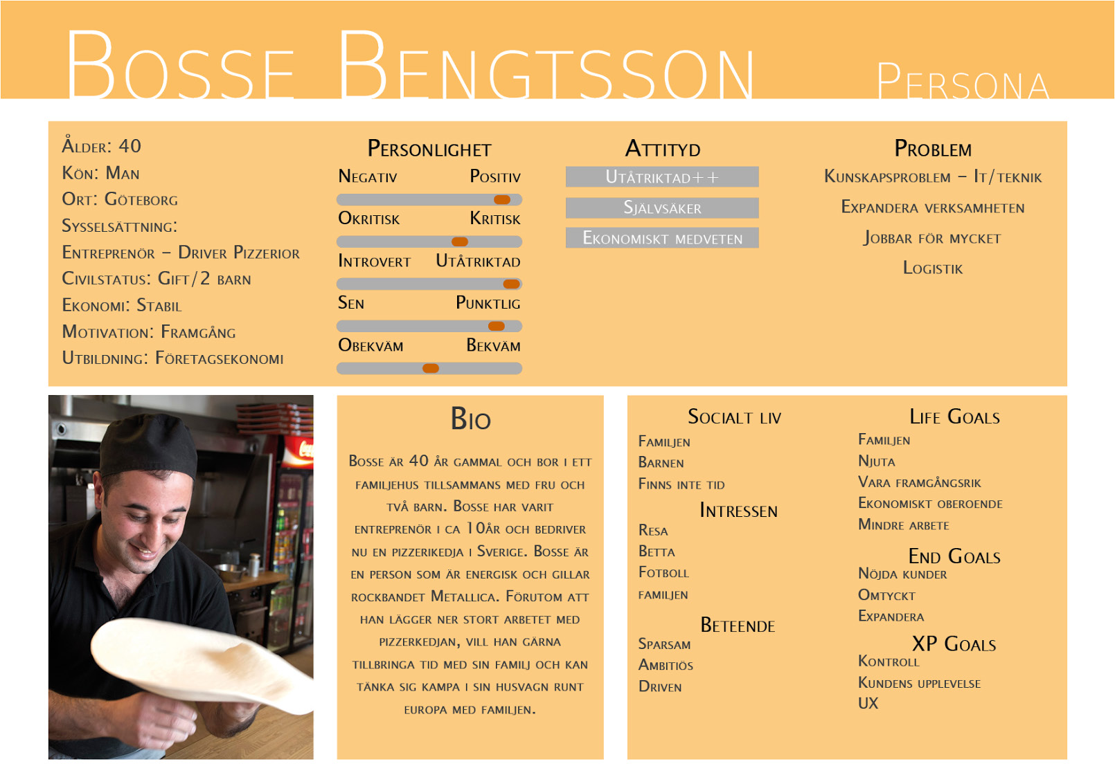 Personas 3.1 Bosse Bengtsson BIO: Bosse Bengtsson är vår primära persona, han är 40 år och äger en rad pizzerior i Göteborg. Han innehar utbildning i företagekonomi.