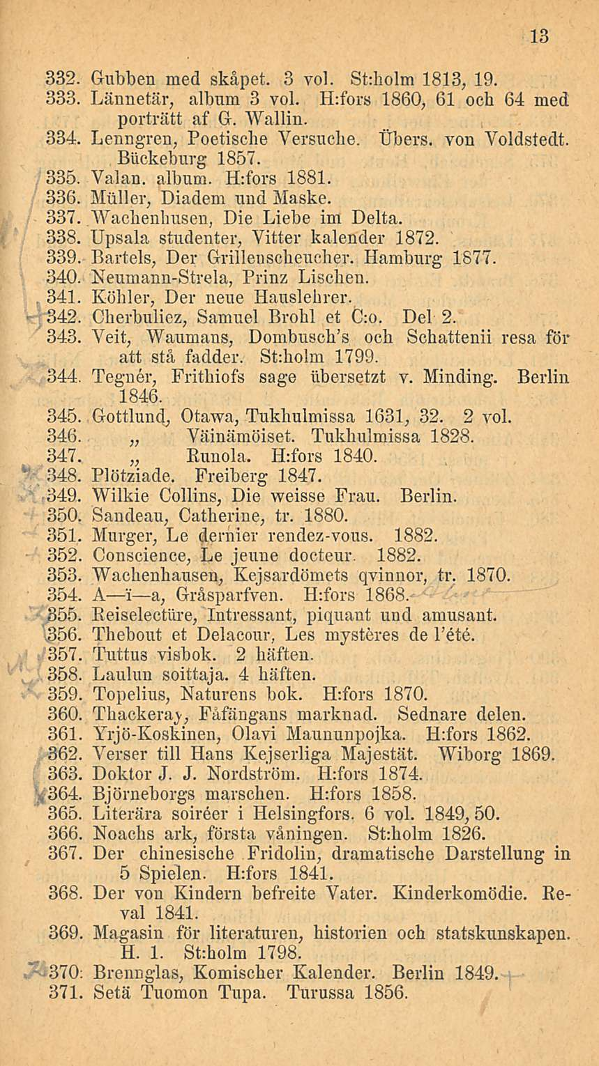 332. Gubben med skåpet. 3 voi. St:holm 1813, 19. 333. Lännetär, album 3 voi. H:fors 1860, 61 och 64 med porträtt af G. Wallin. 334. Lenngren, Poetiscbe Versuche. tjbers. von Voldstedt.
