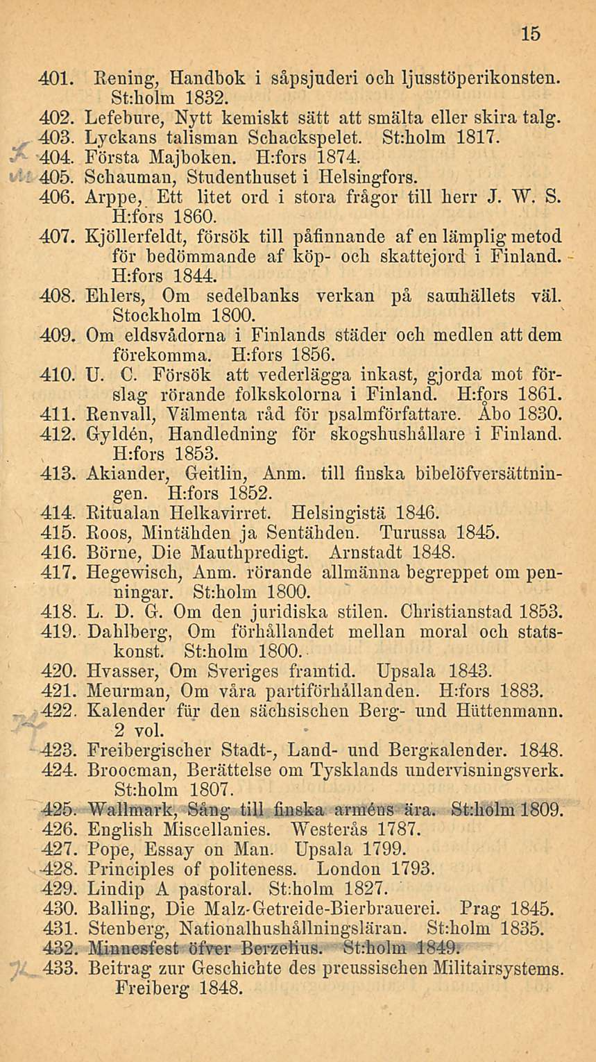 401. Ecuin g, Handbok i såpsjuderi och ljusstöperikonsten. St:holm 1832. 402. Lefebuve, Nytt kemiskt sätt att smälta eller skira talg. 403. Lyckans talisman Scbackspelet. St:bolm 1817. 404.