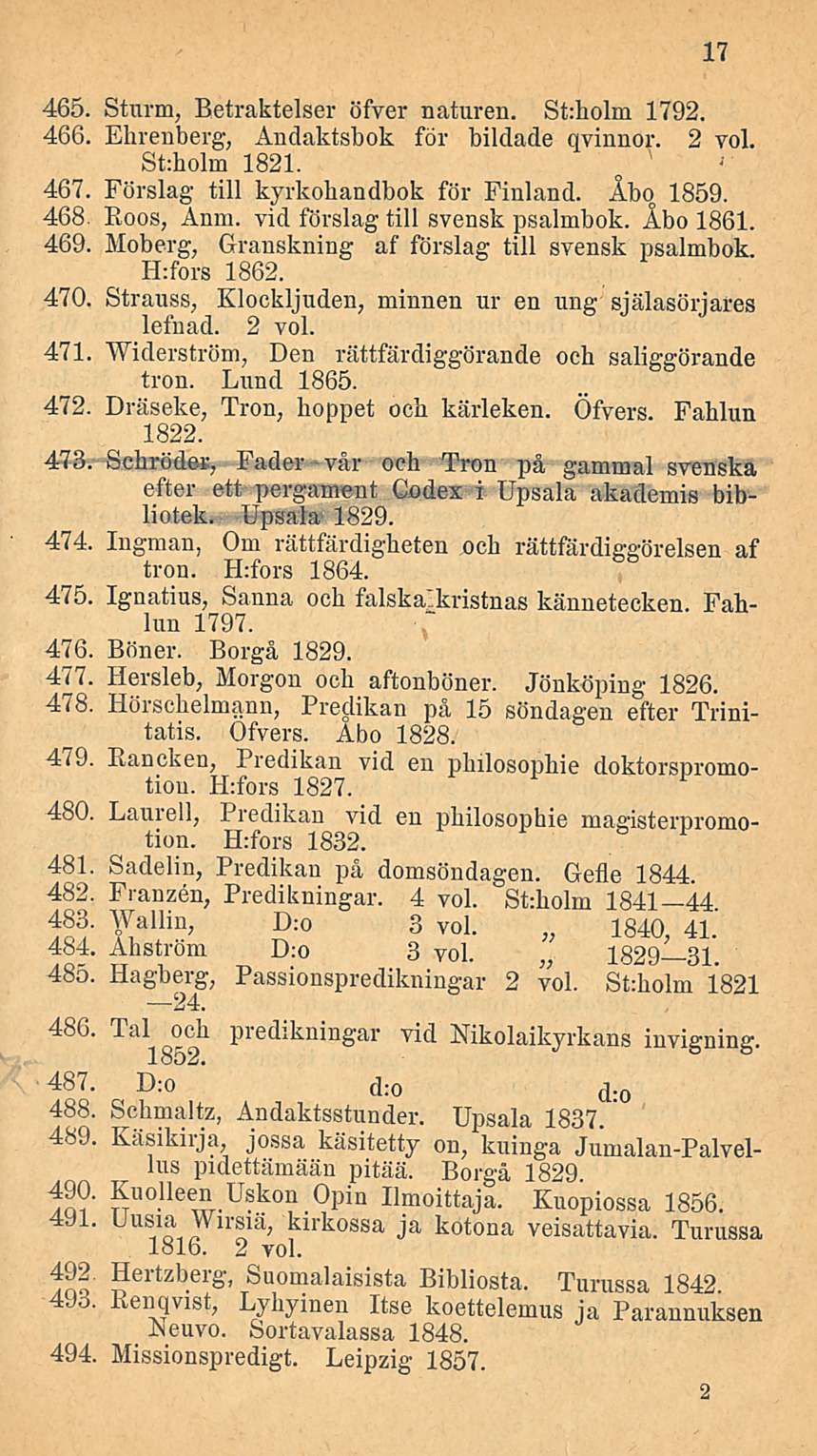 465. Starin, Betraktelser öfver naturen. Stiholm 1792. 466. Ehrenberg, Andaktsbok för bildade qvinnor. 2 voi. Stiholm 1821. 467. Förslag tili kyrkohandbok för Finland. Åbo 1859. 468. Roos, Anm.