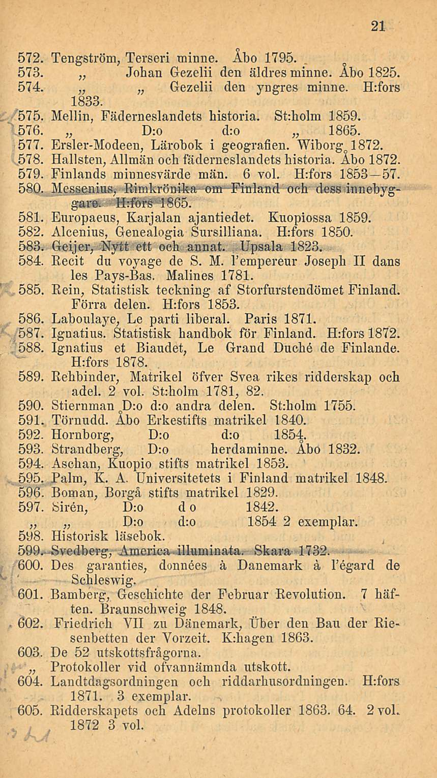 572. Tengström, Terseri minne. Åbo 1795. 573. Johan Gezelii den äldres minne. Åbo 1825. 574. Gezelii den yngres minne. H:fors 1833. 575. Mellin, Fäderneslandets historia. St:holm 1859. 576.