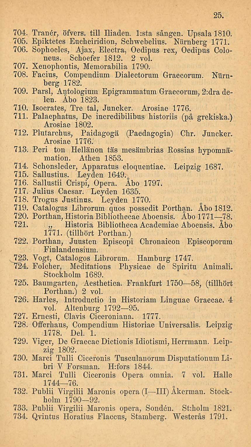 _ 25 704. Traner, öfvers. tili Iliaden. l:sta sangen. Upsala 1810. 705. Epiktetes Eucheiridion, Schwebelius. Niirnberg 1771. 706. Sophocles, Ajax, Electra, Oedipus rex, Oedipus Coloneus.