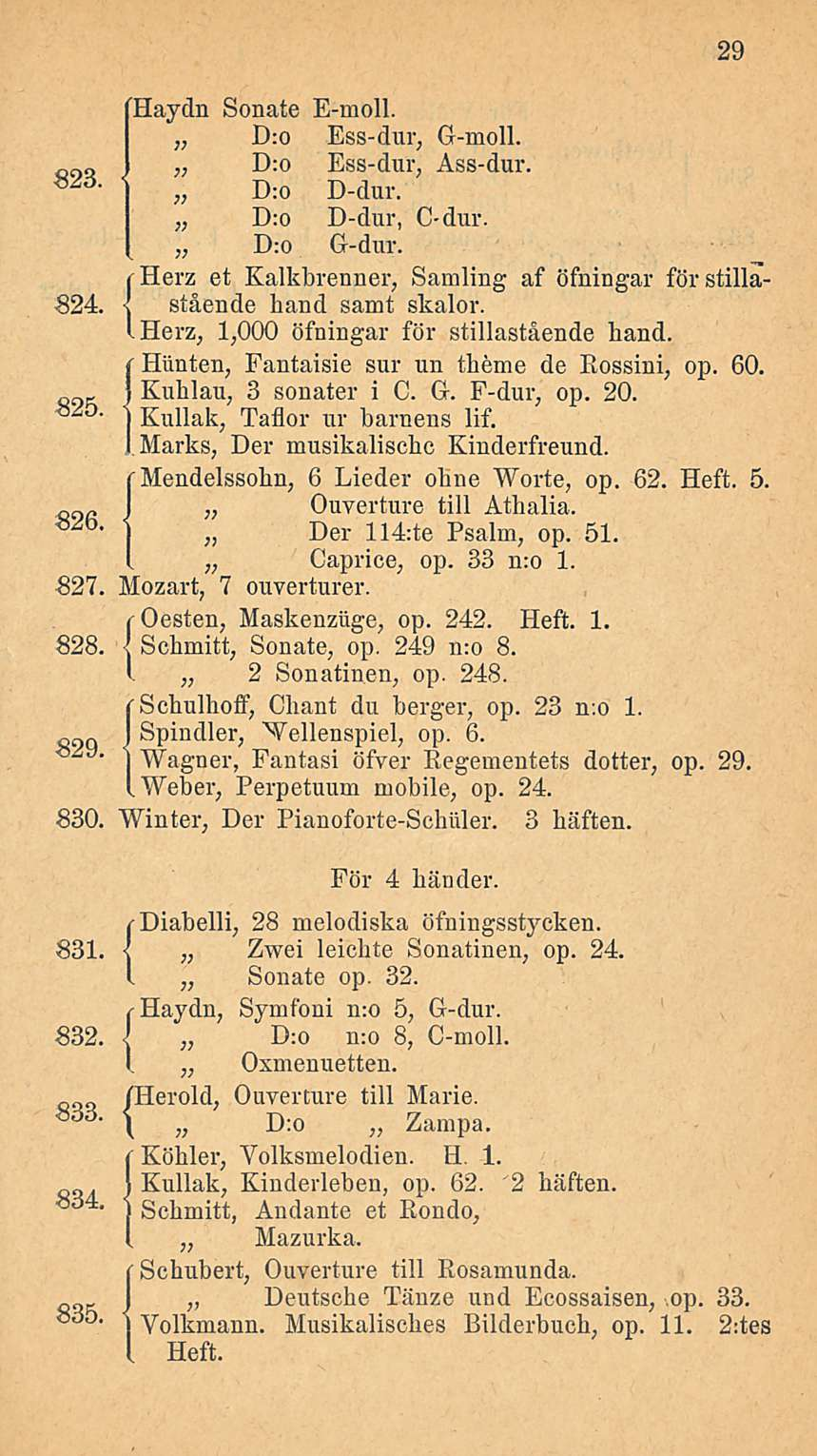 29 Haydn Sonate E-moll. ooq - i j D:o Ess-dur, G-moll. w D:o Ess-dur, Ass-dur. D:o D-dur. D:o D-dur, C-dur. D:o G-dur. {Herz et Kalkbrenner, Samling af öfningar förstillastående hand samt skalor.