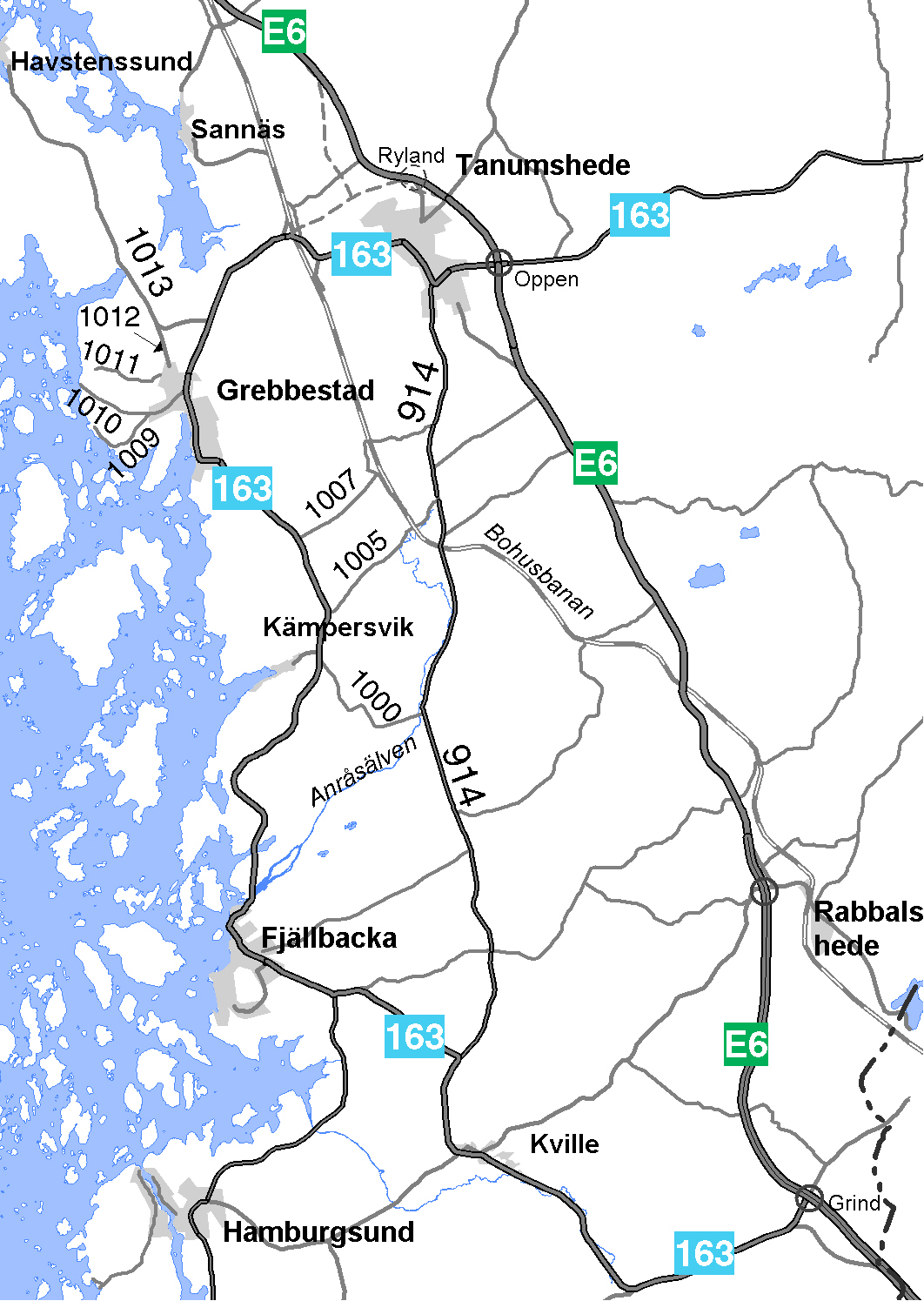 FÖP Grebbestad Kommunikationer Vägar och trafik Huvudvägnätet i området utgörs av väg 163, som är genomfart genom Grebbestad, av väg 1009 (Sövallsvägen), väg 1010 (Krossekärrsvägen), väg 1011