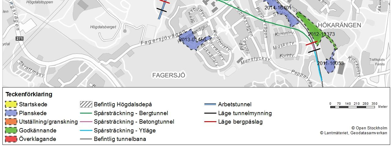 Figur 3. Pågående planer inom utredningsområdet. Tabell 1. Pågående planarbeten i stadsdelarna Gubbängen och Hökarängen, Farsta stadsdelsområde 5. Projektnamn Diarienr.