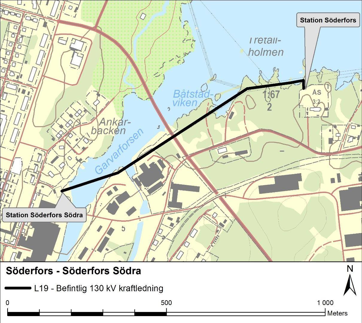 2 Befintlig ledning och utförande Figur 2. Den aktuella kraftledningens ledningssträckning mellan Söderfors och Söderfors Södra.