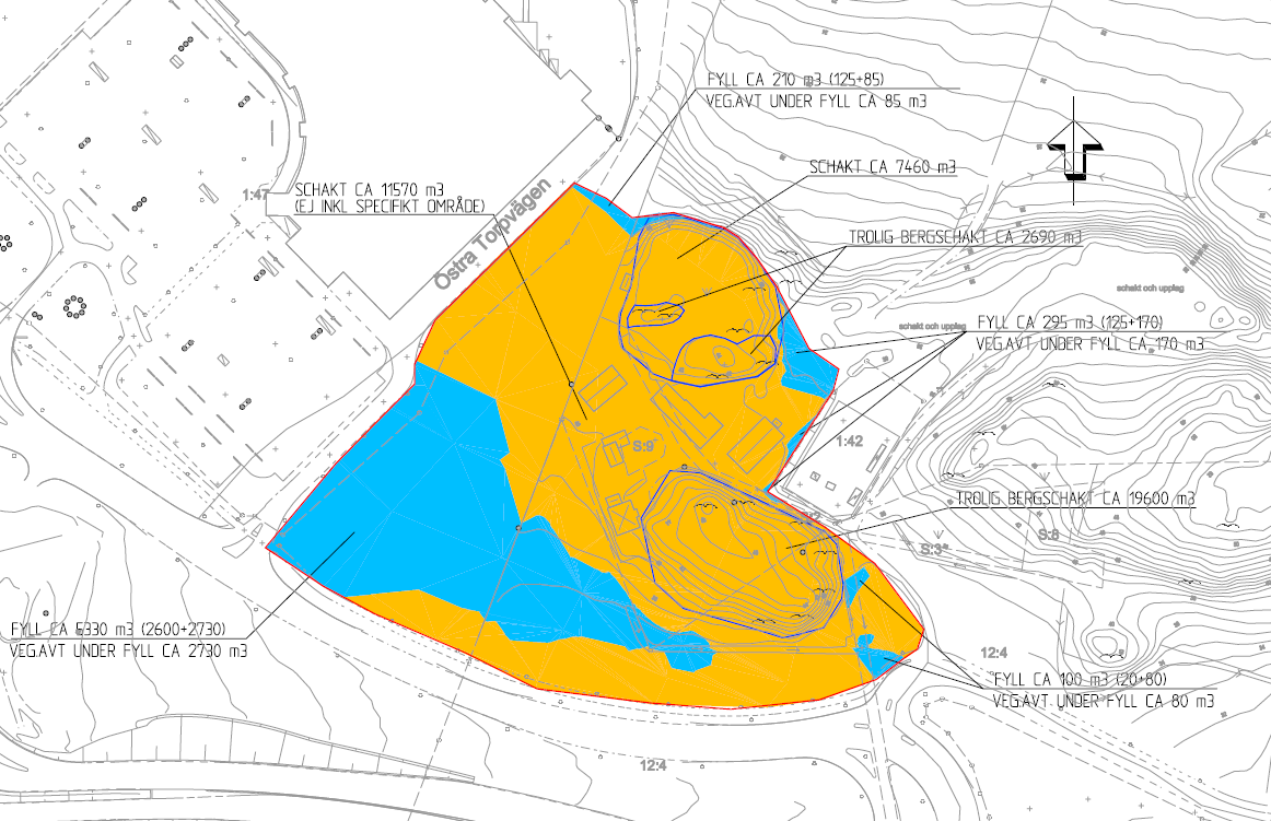 I beräkningarna har trolig mängd bergschakt redovisats separat, då denna typ av schakt har större potential att återanvändas inom eller utom projektet. Figur 20 Schaktplan.