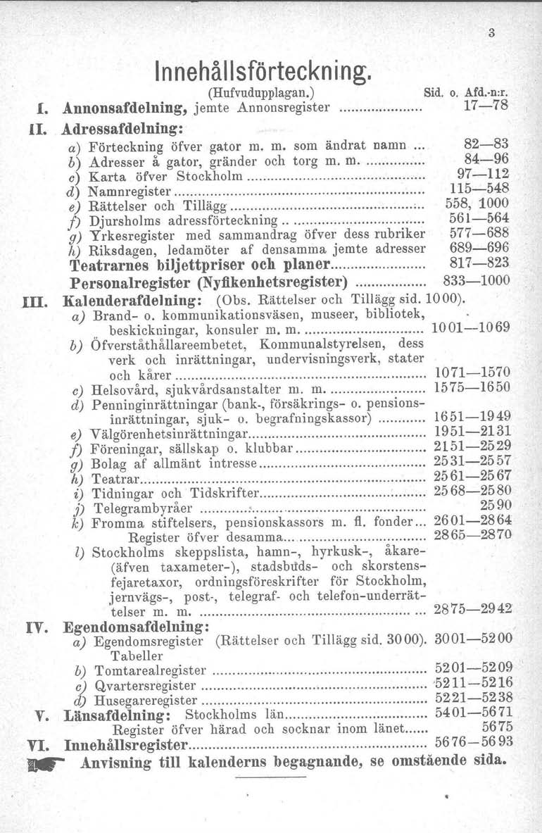 Innehållsförteckn ing, 1. (Hufvudupplagan.) Sid. o. Afd. n:r. Annonsafdelning, jemte Annonsregister 17-78 II. Adressafdelning: a) Förteckning öfver gator m.