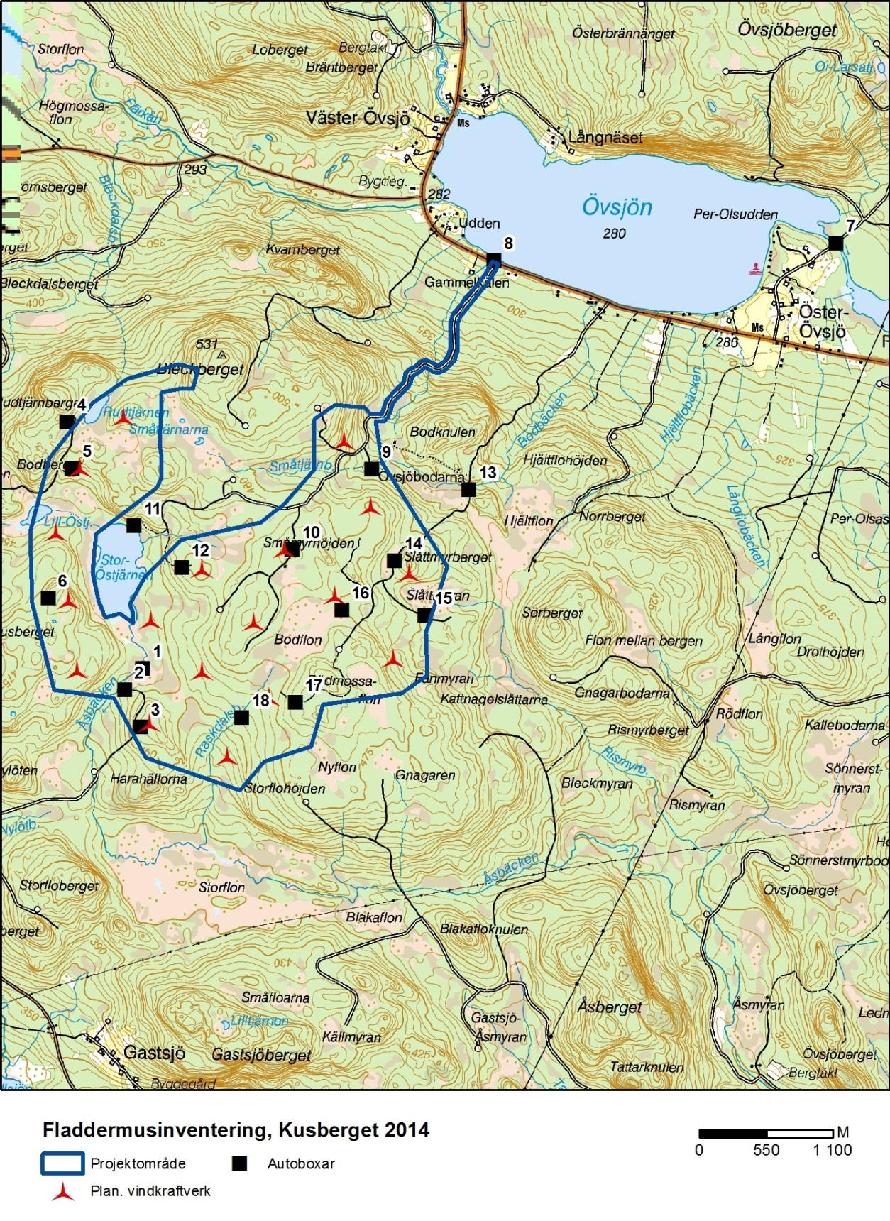 Figur 3. Utplacering av autoboxar i projektområdet, Kusberget.