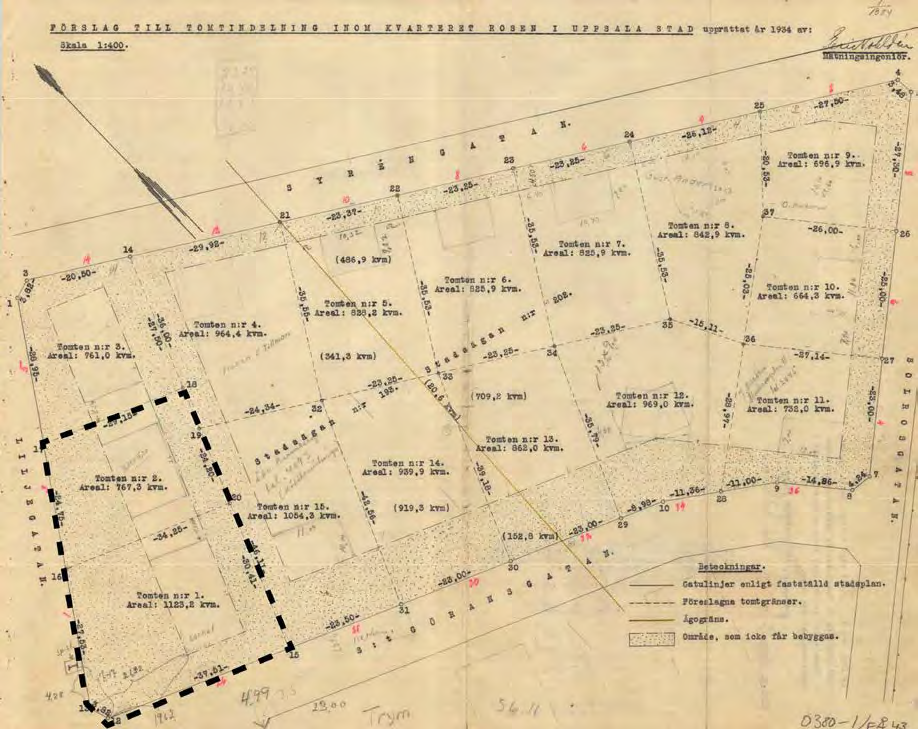 Samrådshandling kvarteret Rosen, dnr: 2013/2912 Tomtindelning En tomtindelning för del av kvarteret Rosen fastställdes 1934. Den medger inte avstyckning från fastigheten Fålhagen 43:16.