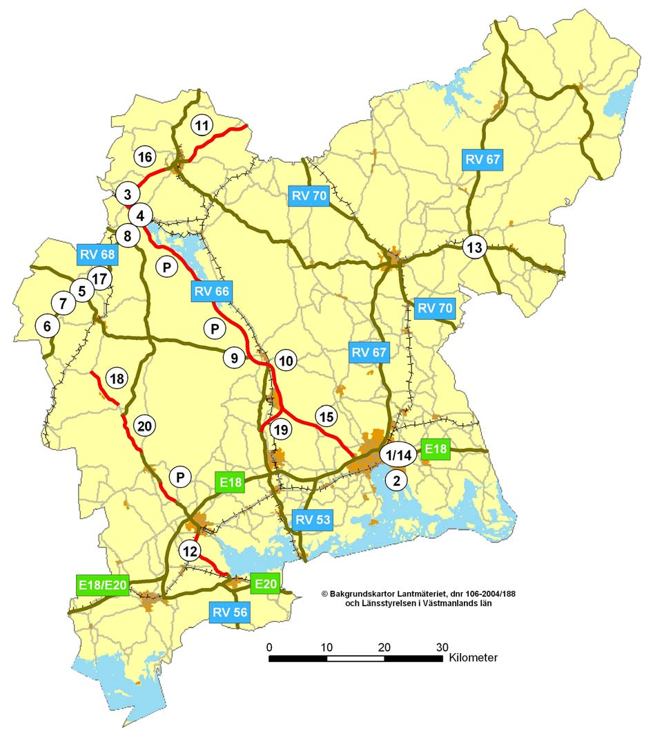 Figur 1:1 Karta över de namngivna objekten i länstransportplanen. Objekten är angivna i prioriteringsordning. P = pågående objekt.