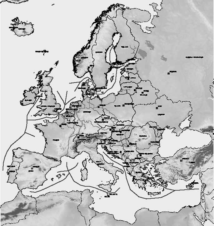 Karta över sjömotorvägar. Källa: http://ec.europa.eu/transport/maritime/doc/motorways_sea_2004_07_30_map.pdf komst till delar av Europa som ligger perifert eller på öar.