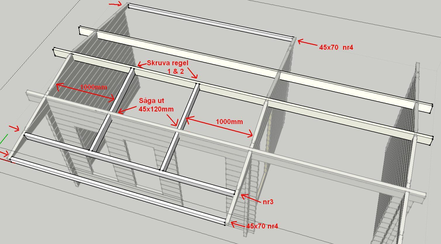 Montera takåsar Börja med att såga ut 2st hål 45x120mm (se pilarna) under det befintliga taket, det ska vara ca 1000mm mellan ytter och mellanväg till regel 1 och 2 som man trär in genom de gjorda