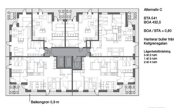 SID 6 (7) Angöring och parkering Bebyggelsen angörs från Warfvinges Väg och Kellgrensgatan. Ett parkeringsgarage planeras under den sockel på en till två våningar som bostadshusen står på.