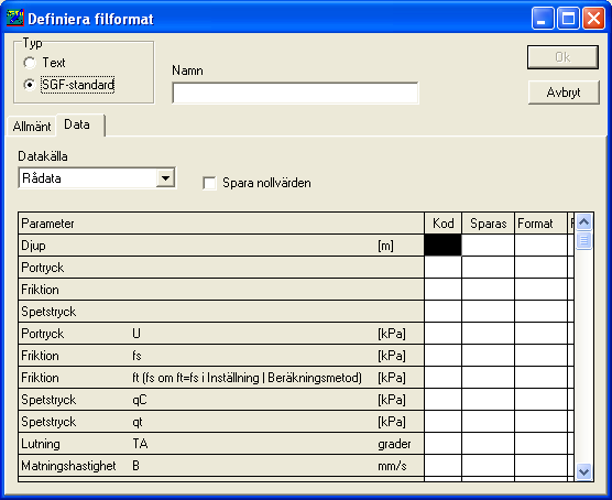 Skapa datafil i SGF-format Under fliken Allmänt anges de parametrar som skall ingå i filens huvudblock. Välj vilka parametrar som skall lagras genom att dubbelklicka i kolumnen Sparas.