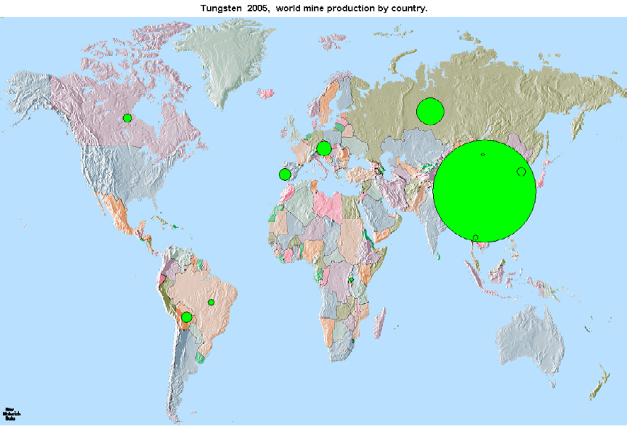 Produktion i världen av wolfram åren 1970 2006 kton 100 90 80 70 60 50 40 30 1970 1973 1976 1979 1982 1985 1988 1991 1994 1997 2000 2003 2006 Världsproduktionen av wolfram år 2005 fördelat på länder