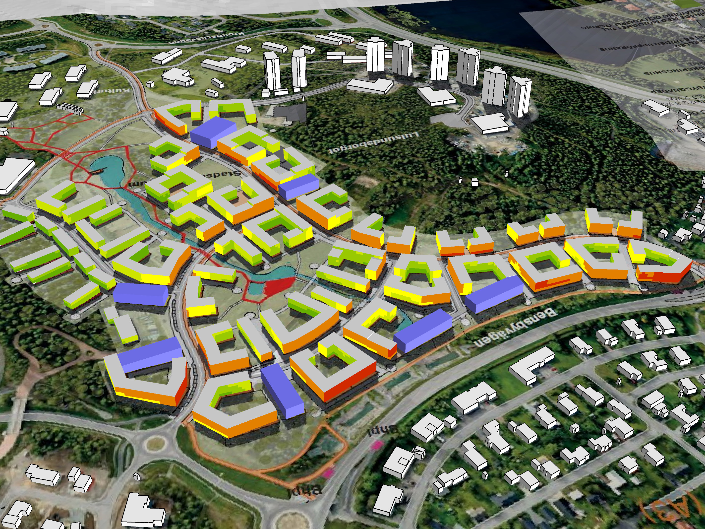 BILAGA 6 Ekvivalenta ljudnivåer vid fasad vid ny bostadsbebyggelse - frifältsvärden - Framtida situation år 2030 - översikt norrifrån Teckenförklaring Nya bostäder Befintlig bebyggelse Parkeringshus