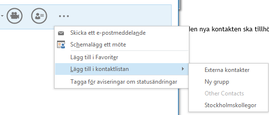 Kontakter Lägga till kontakt I Lync kan du lägga till kontakter för personer som du kommunicerar med ofta så att de är lättillgängliga.