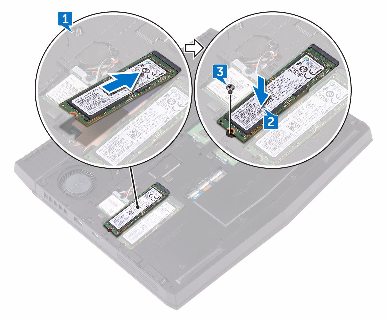 3 Sätt tillbaka skruven (M2x3) som håller fast SSD-enheten i