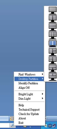 3. Bildoptimering Vänsterklicksmenyn Vänsterklicka på ikonen Desktop partition (Skrivbordsuppdelning) för att snabbt skicka det aktiva fönstret till valfri del utan att behöva dra och släppa.