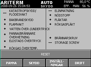 På styrpanelens PANNA -sida demonstreras följande saker: -I rubrikfältet brännarens driftsläge, på exempelbilden EFFEKTGÅNG (när effekten är 21%- 100%).