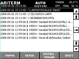 2.2.1 LARM Systemets aktiva larm listas i kronologisk ordning i rutan. Utgående från tiden är det lätt att fastställa det larm som kommit först, vilket underlättar sökningen av orsaken till larmet.