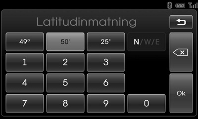 Meny för inmatning av destination GPS-inmatning Du hittar destinationen genom att mata in koordinaterna för latitud och longitud. 1. Tryck på [NAV] > Tryck på [Avancerad] > [GPS-inmatning]. 2.