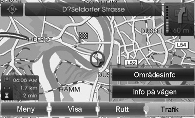 Använda kartmeny Använda kartmeny Översikt kartmeny Kartmeny Visa Rutt Trafik POI-kategori 2D /3D Delad skärm Helskärm Spara position Rutt optioner Rutt planerare Webläsare Omväg Områdesinfo Info på