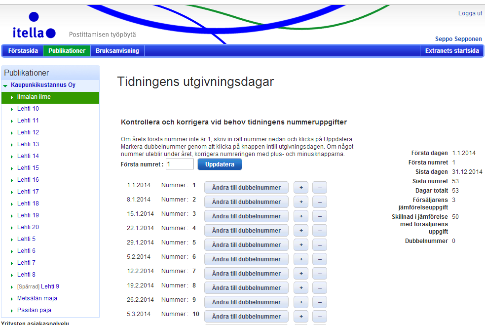 Bruksanvisning V 12.0 22 (92) I det sista skedet ber PTP dig ytterligare kontrollera att tidningens nummer har korrekta benämningar: Om årets första nummer (utgivningsdag 2.1.2013 i exemplet) inte är nummer 1, ändra uppgiften och klicka på Uppdatera.