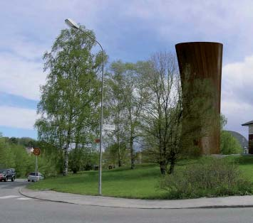 Form, material, och kulör skapar kontrast mot den omgivande naturen. Avluftstorn i Norra länken associerar till Nationalstadsparkens uråldriga ekar. ( 3D-ill Rundkvist arkitekter).