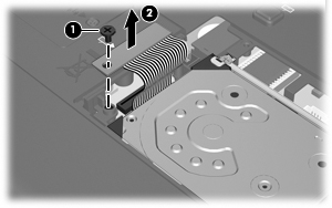 10. Ta bort hårddiskens fasthållningsklämma (2). 11. Ta bort skruven för hårddiskens kabelkontakt (1) 12.