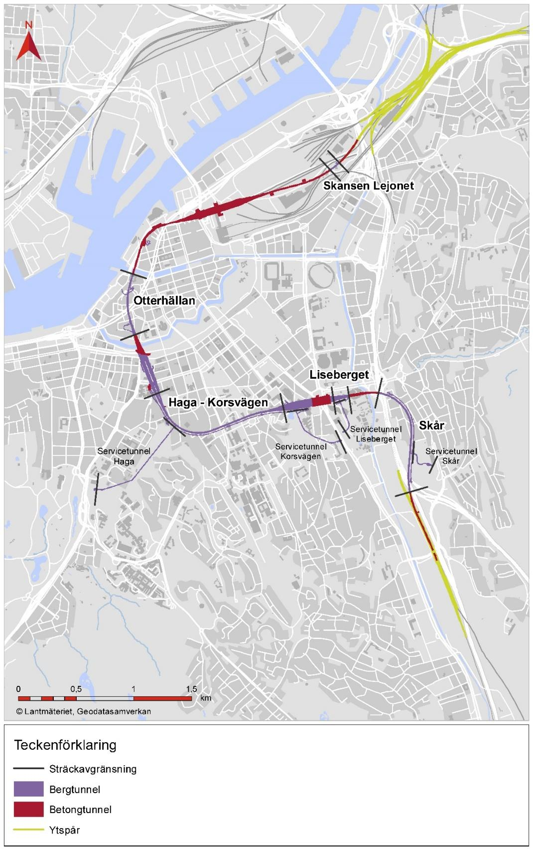 Figur 6 Läge för spårtunnelns fem bergtunnlar samt de fyra längre servicetunnlarna Tunnelarean är inte konstant över Västlänkens sträckning, utan fördelar sig enligt figur 7.