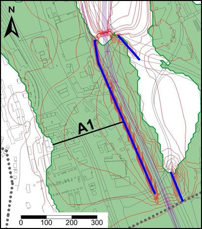 Figur 26. Planläge över tunnelsträckning vid Skår. Gröna ytor = områden med undre magasin i jord och vita ytor = områden där grundvattenytan återfinns i berg.