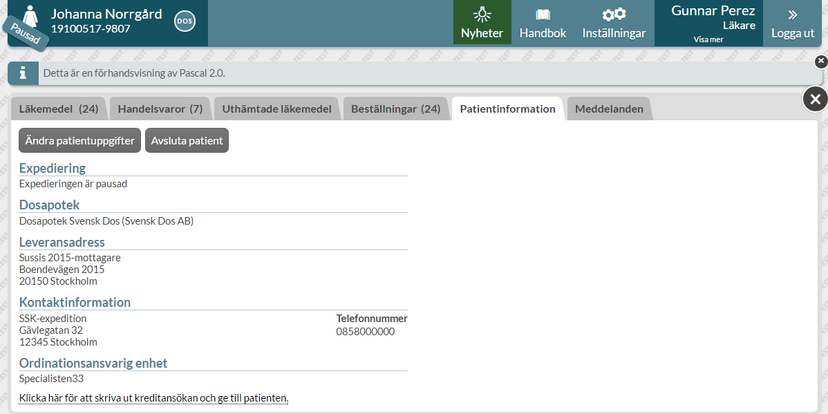 1.2.3 E-recept En ny dospatient som redan hade e-recept när den blev dospatient kommer att ha kvar dessa och de visas i läkemedelslistan med en röd e-recept symbol för att markera att dessa är