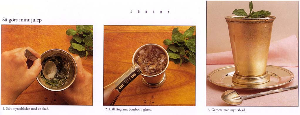 Mint Julep Till en Mint Julep: 5-6 blad färsk mynta 1-2 tsk socker 1 msk kallt vatten hyvlad eller krossad is 60 ml bourbon 1 kvist mynta Lägg myntablad, socker och vatten i en Mint Julep-bägare av