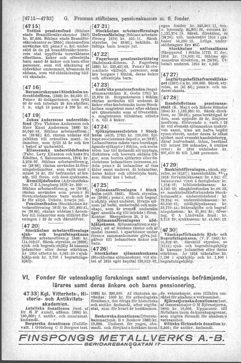 [4715-4783] G. Fromma stiftelsers, [4fU] Tottles pensionsfond (Sthlms stads Brendförsäkr.skontor 1847) h. 117,500. Sthlm s stads Brandförsäkr:skontor se [2855J; räntemedlen användas till pens:r o. är!