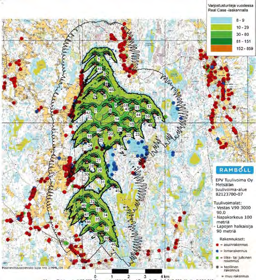 Figur 13 7 Beräkning av skuggeffekter i ALT 1 i Ömossa enligt den verkliga situationen (Real Case) 100 m.