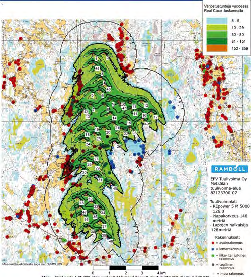 Figur 13 9 Beräkning av skuggeffekter i ALT 1 i Ömossa enligt den verkliga situationen (Real Case) 140 m.