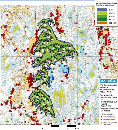 Figur 13 11 Beräkning av skuggeffekter i ALT 2 i Ömossa enligt den verkliga situationen (Real Case) 120 m.