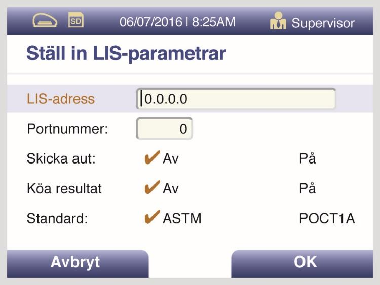 Laboratory Information System (LIS) LIS-parametrar och inställningar Välj Ställ in LIS-parametrar och använd den numeriska knappsatsen för att ange LIS-adressen i formuläret.