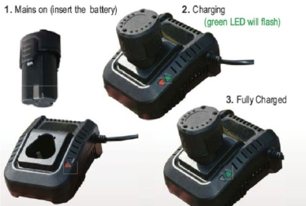 LADE BATTERIET ADVARSEL! Når du lader et nytt batteri eller et batteri som ikke har vært brukt på en lang stund, kan det ikke lades helt. Dette er helt normalt og ikke noe tegn på feil.