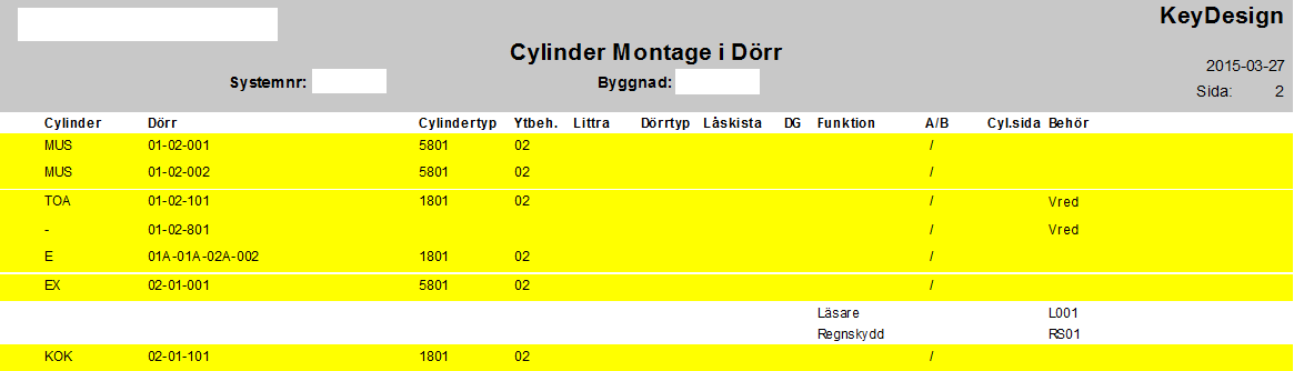Sidan 6 av 6 150507 Cylindermontage Cylindermontage är en standardrapport som inte kräver QuickDoor. Med QuickDoor aktiverat finns också rapporten Cylindermontage sorterat per Dörr.