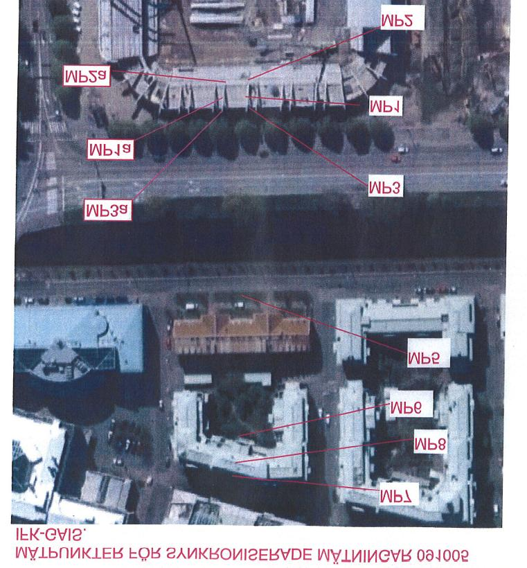 5 (12) Bild 3 Mätpunkter i samband med derbyt 5 okt. I varje mätpunkt mättes vibrationerna i 3 riktningar (x, y och z) dvs horisontellt i nord-syd och öst-väst och vertikalt.