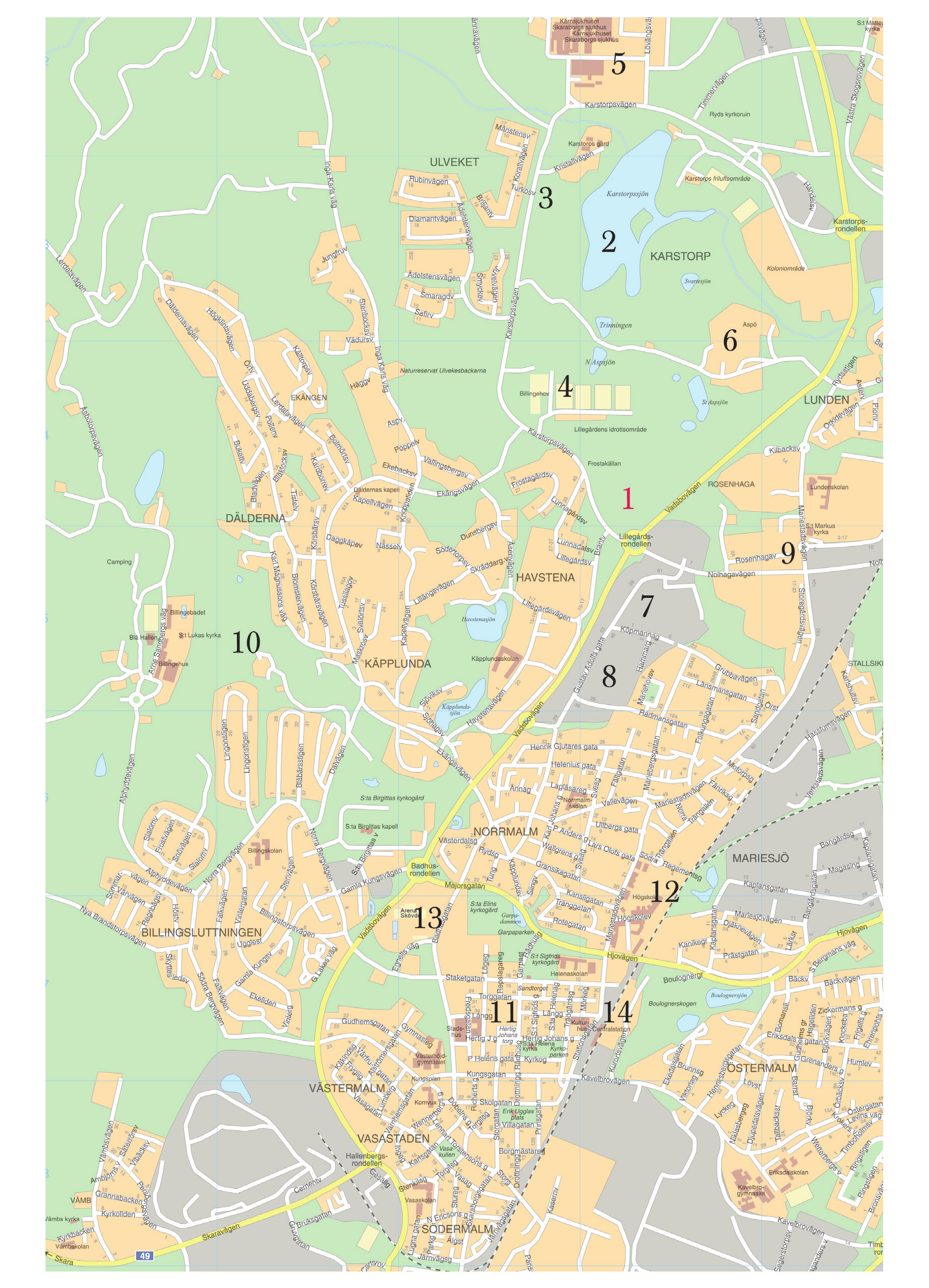 1. rostaliden 2. arstorpssjön 3. örskolan arstorp 4. illegårdens idrottsområde 5. Skaraborgs Sjukhus Skövde 6. Aspö gård 7.