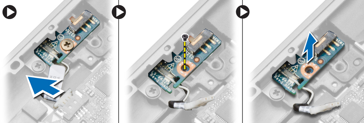 Ta bort Wi-Fi-omkopplarkortet 1. Följ anvisningarna i Innan du arbetar inuti datorn. 2. Ta bort: a. SD-kortet b. batteri c. kåpan d. tangentbordsram e. tangentbord f. handledsstödet 3.