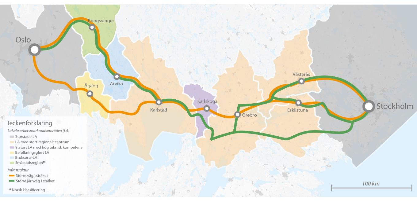 19 (56) 3.1.2. Arbetsmarknad Figur 6. Lokala arbetsmarknader (LA) inom stråket. I stråket finns åtta lokala arbetsmarknader (LA) på den svenska sidan och två på den norska sidan.