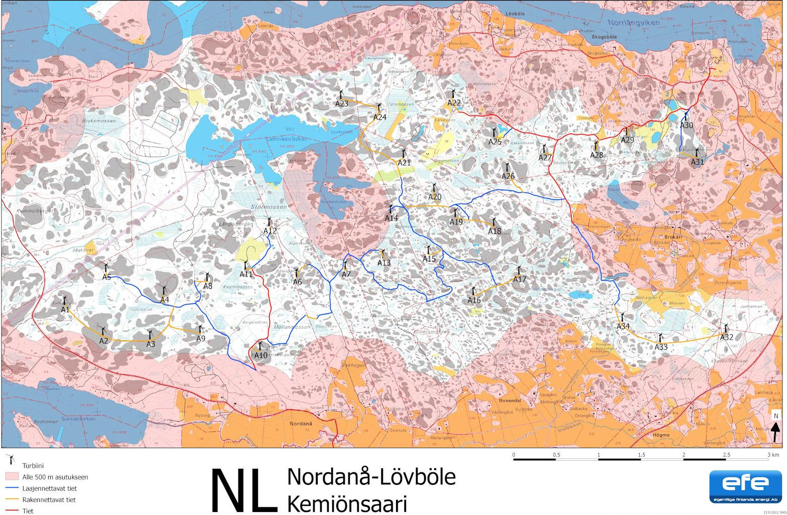 16 Miljökonsekvensbeskrivnings program Vindkraftpark, Nordanå-Lövböle Vindkraftverk Under 500 m till bosättning Existerande väg som måste bredas Ny väg Existerande väg Bild 8. Alternativ 1.