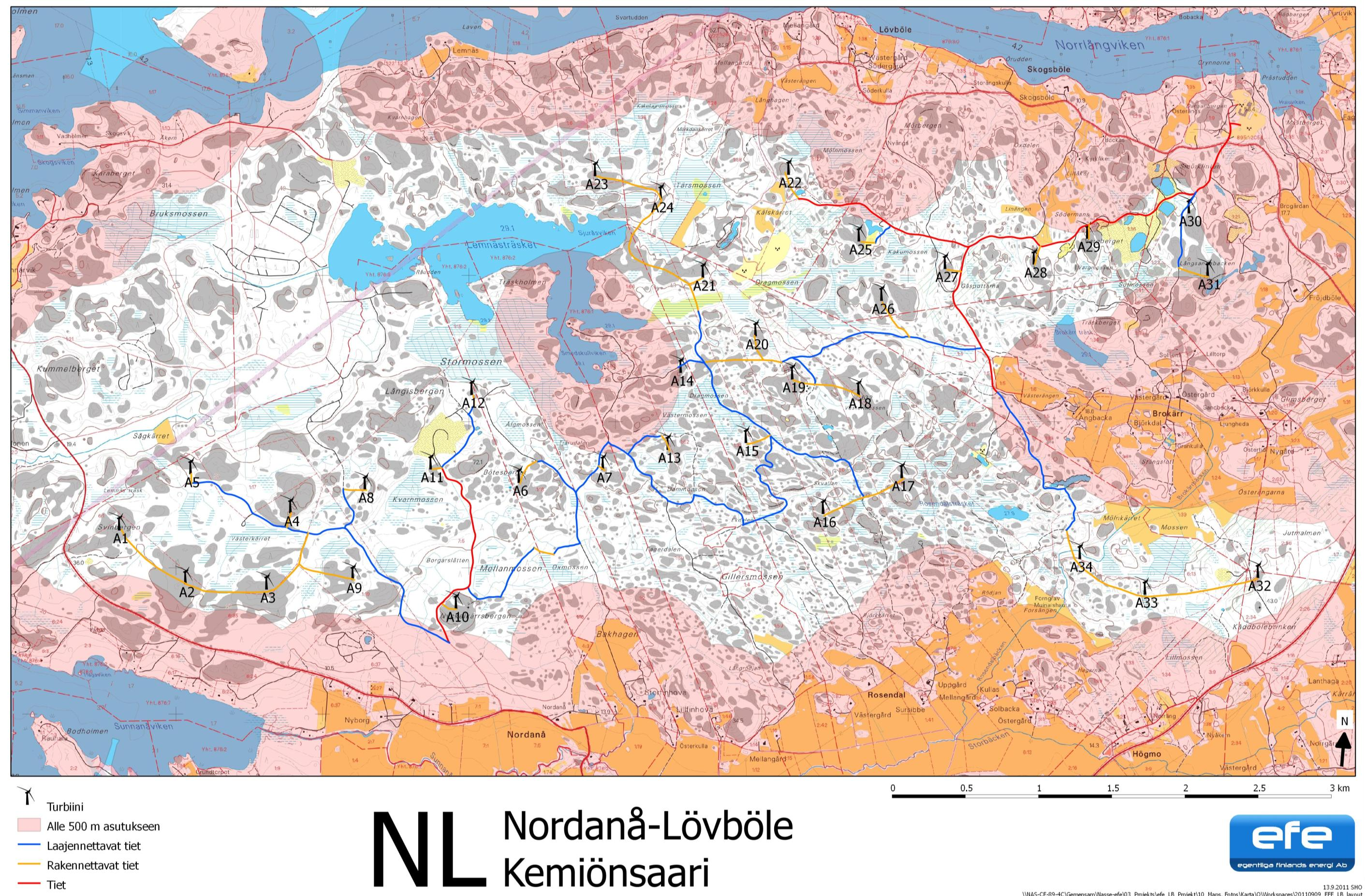 Vindkraftpark, Nordanå-Lövböle Miljökonsekvensbeskrivning BILAGA 2 DEN PRELIMINÄRA TURBINSPLACERINGEN AV ALTERNATIV