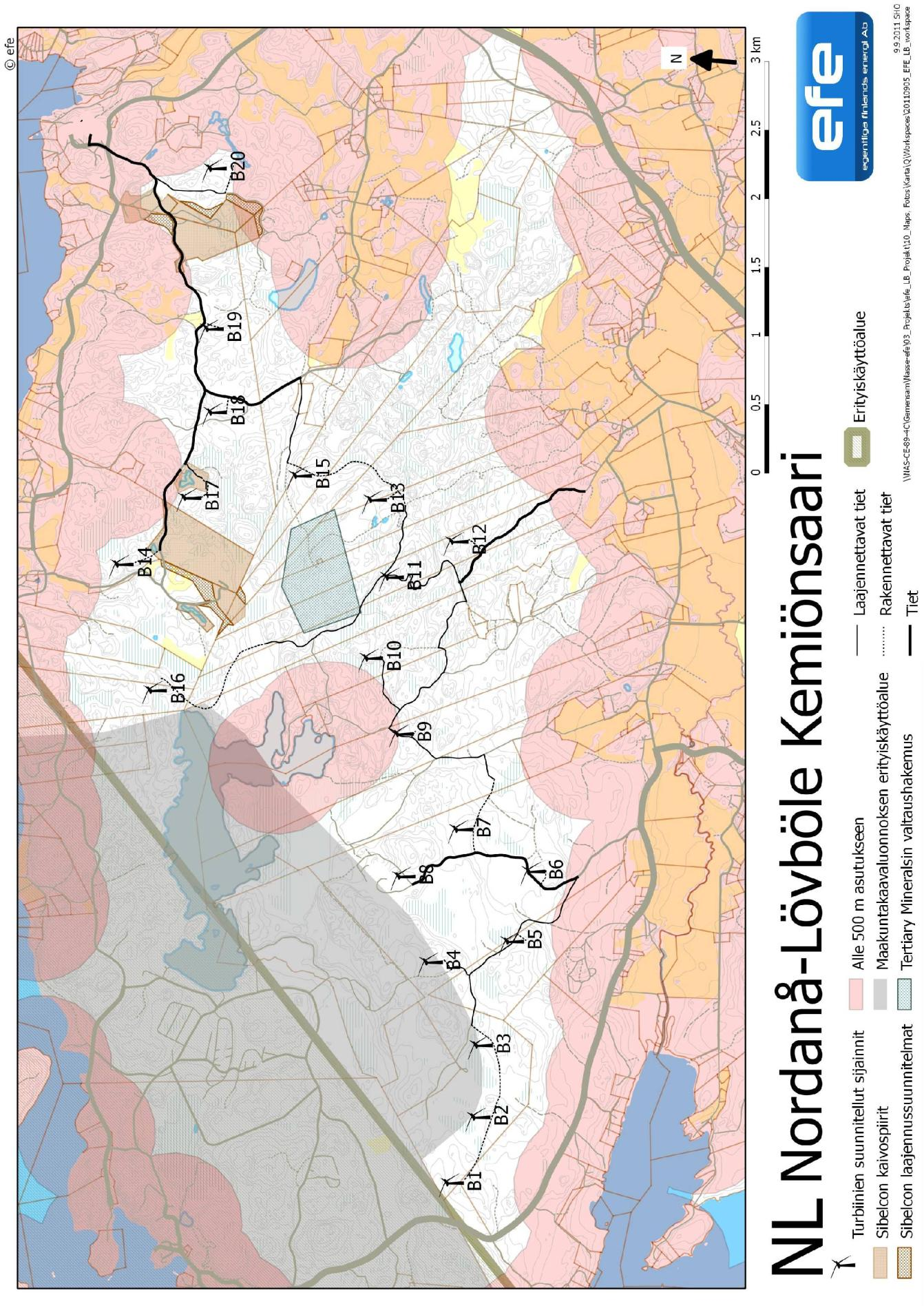 Planerad plats för vindkraftverk Gruvområde Gruvverksamhetens möjliga förstoringsområde Under 500 m till bosättning Specialområde enligt landskapsplanens utkast Inmutning Kimitoön Existerande väg som