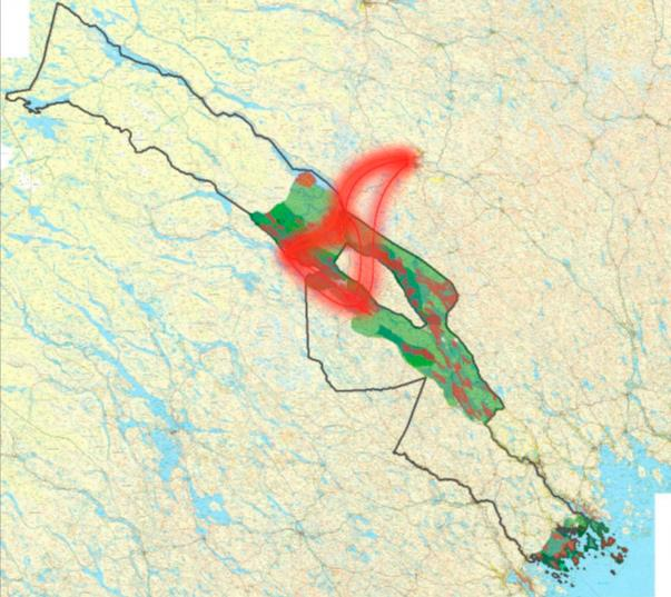 Figur 8. Planerad gruvverksamhet med transportvägar inom Sirges sameby i Norrbotten illustrerat med hjälp av RBP. Markerat område är Sirges sameby med beteslandsindelning.